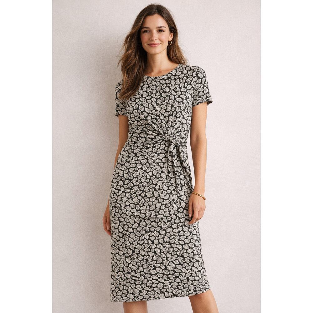 Boden Jersey Dress Women's 4l Black White Paisley Cotton Knot Front Classic Boho
